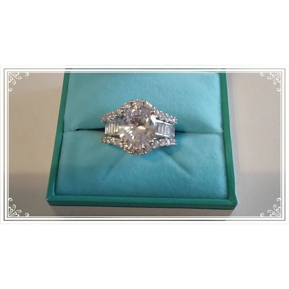 Gorgeous 10.18 Ct. Genuine Diamond Simulant Oval~Baguette~Round Bridal Set #8